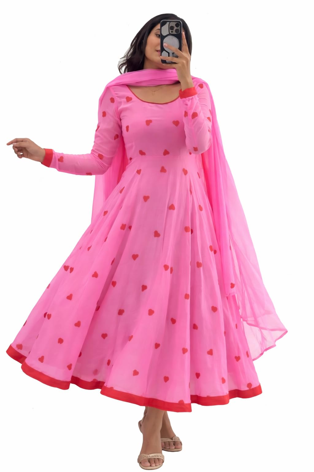 Western COTTON Anarkali Kurta with Dupatta, Pink with Red Heart Print, Full Sleeves, Size L-image-43