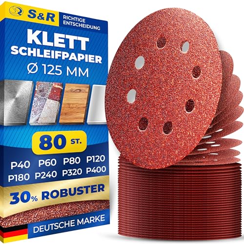 S&R Klett Schleifpapier Set 125 mm 70 St: je 10x P60, P80, P120, P180, P240, P320, P400, 8 Löcher, für Exzenterschleifer