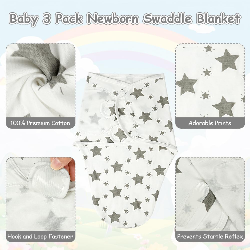 AYBUY 3 Pack Baby Swaddle Suit,Baby Swaddle Sack for 0-3 Months Newborn Breathable Organic Cotton Fabric,Baby Blanket Wrap with Adjustable Velcro Newborn Baby Gifts,Grey - Image 2