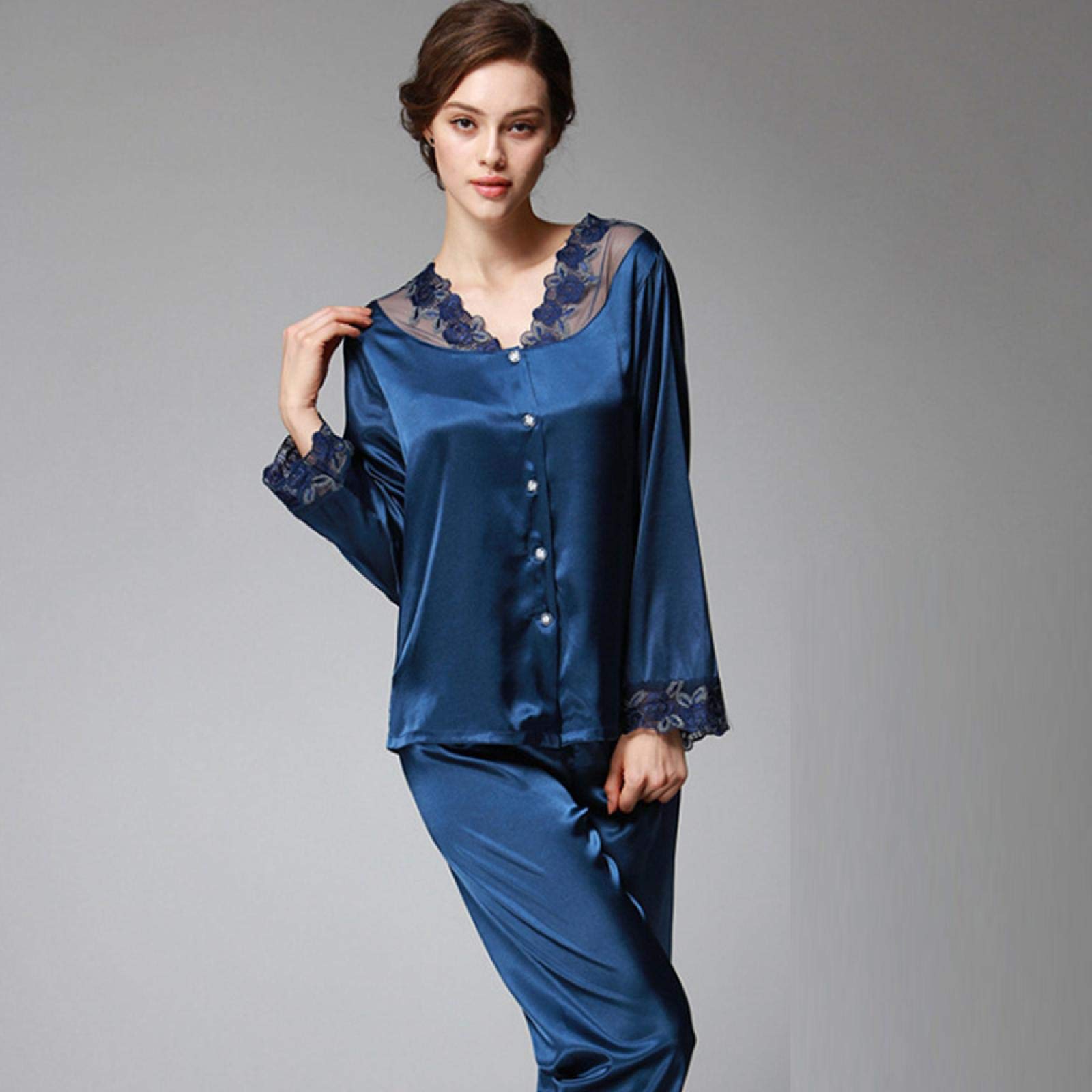 Camicia da Notte,Pigiama Taglie Forti Set Due Pezzi Cardigan Manica Lunga in Pizzo con Scollo a V da Donna Abito da casa Tuta da Notte di Grandi Dimensioni Set Pigiama da Notte Morbido XXL Navy