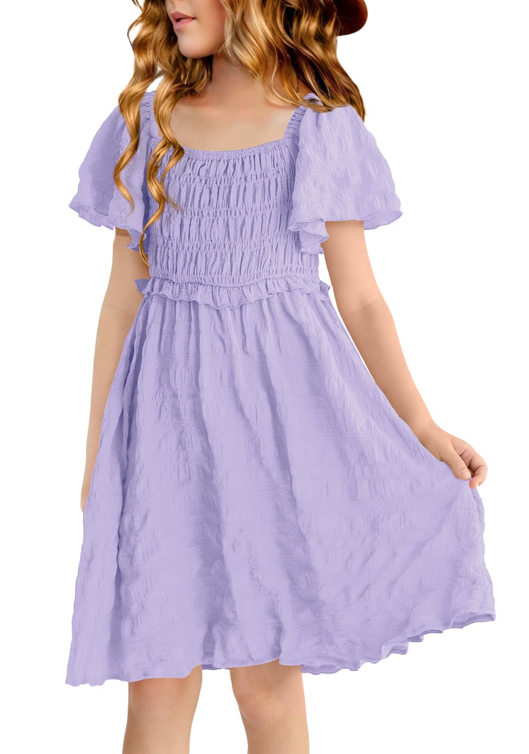 Robe d'été midi de qualité supérieure au col carré chic pour adolescentes
