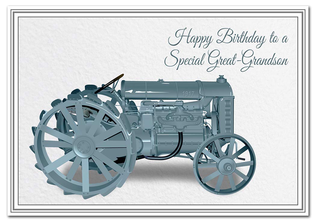 Birthday Card for Great-Grandson - Tractor Design - Special Farm Farming Farmers Greeting - Happy Best Wishes - Cool Unique Vector Art - Blank Inside - Unusual 1917 American Model F - Made in UK โ image 1