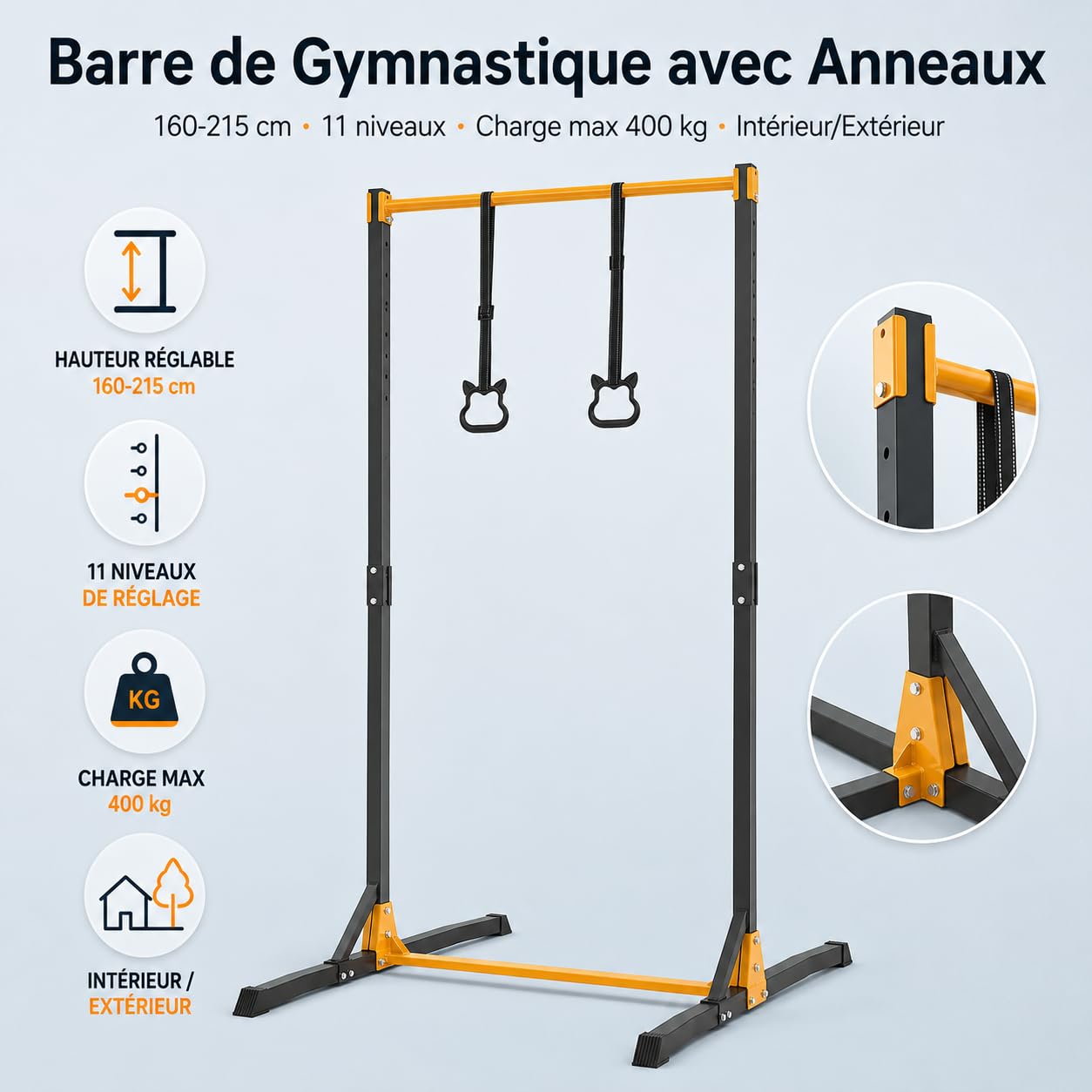 Barre de Gymnastique avec Anneaux, Hauteur Réglable 160-215 cm | Barre Horizontale Robuste 400 kg, Intérieur/Extérieur, Entraînement à Domicile pour Enfants et Adultes