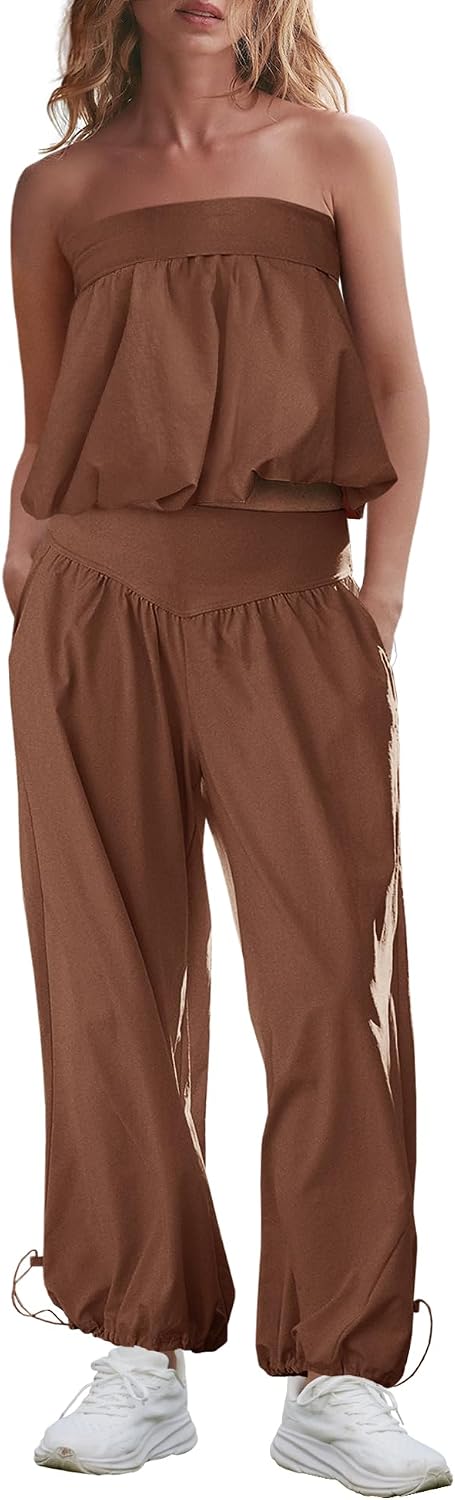 SENSERISE Pants Sets Women 2 Piece Outfits Bubble Off Shoulder Strapless Tube Top Wide Leg Pants Cute Summer Sets