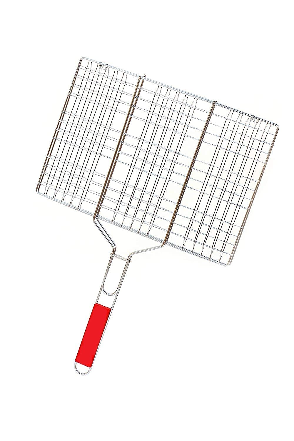 Barbecue Grill Net Basket with Wooden Handle Chromium Plated Portable BBQ Grill Mesh Barbecue Net Tongs Clip