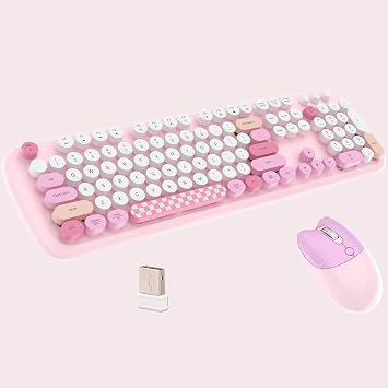 2.4G Full-Size Wireless Keyboard and Mouse Combo, Multi-Color Typewriter Style Round Keycap, Cute Candy Colors, Compatible with Notebook, PC Pink