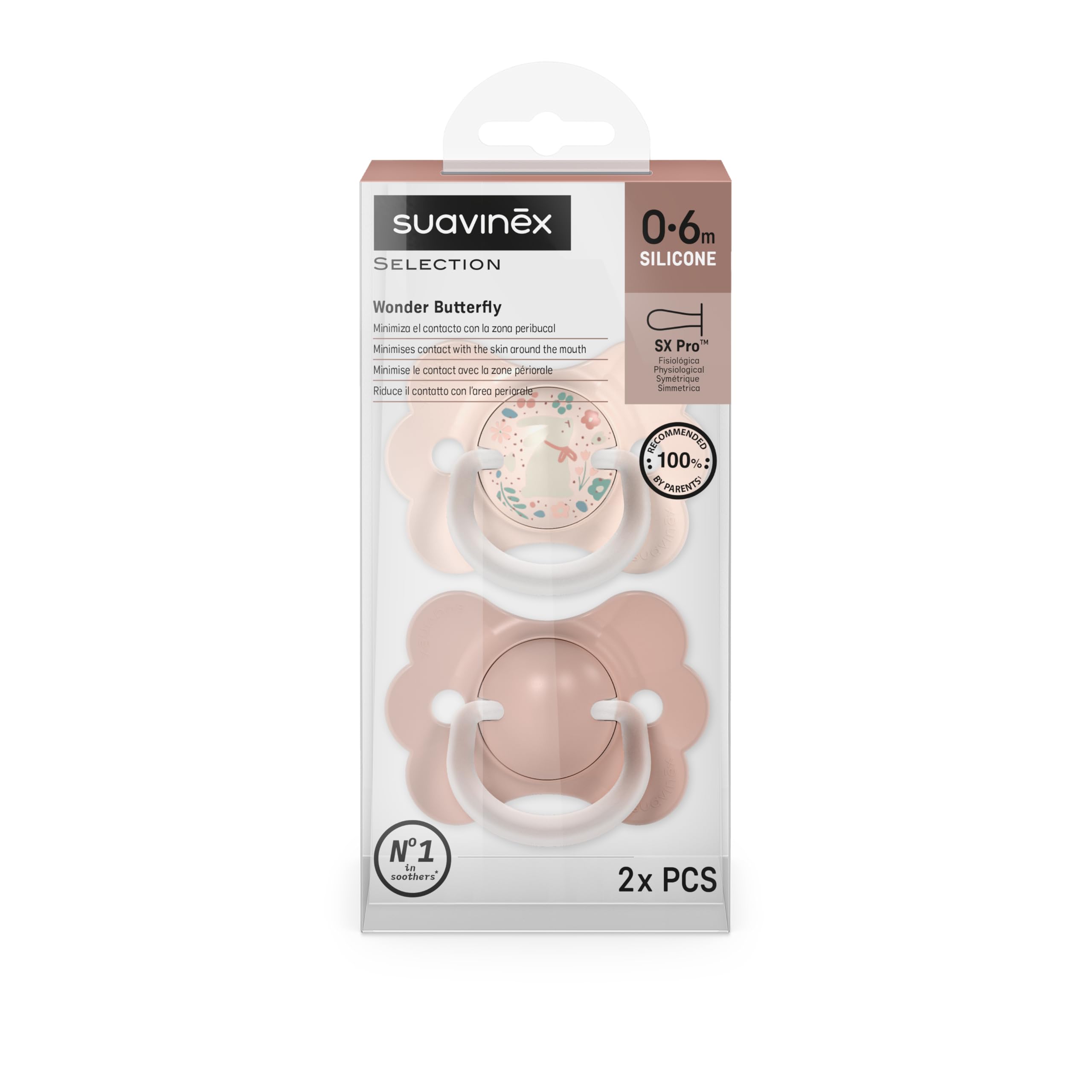 Suavinex, Pack 2 Chupetes para Bebés 0/6 Meses y Recién Nacidos, con Tetina Fisiológica de Silicona SX Pro, Simétrica, Plana y Flexible, Respeta el Desarrollo Bucodental, con Anilla, Wonder Rosa