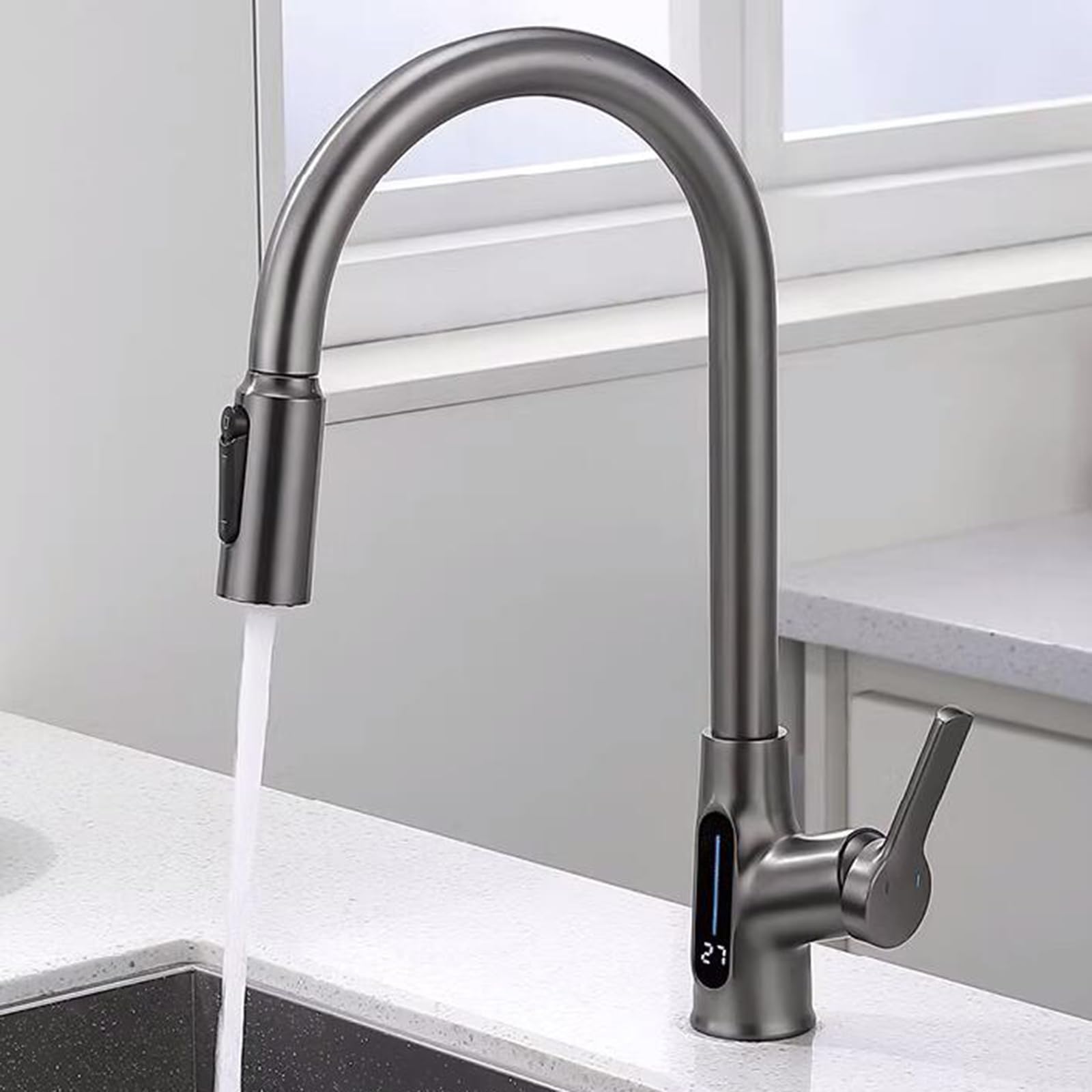 Robinet d'évier de cuisine à 3 voies gris mitigeur 3 en 1 douchette eau filtrée laiton