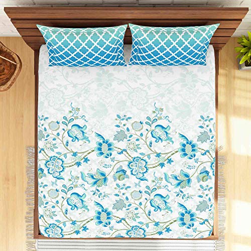Image of Spaces Atrium 100% Cotton King Size Fitted Double Bedsheet with 2 Pillow Covers Soft Feel Skin Safe Breathable Fabric (Floral, 183 cm x 198 cm + 30 cm) - Blue