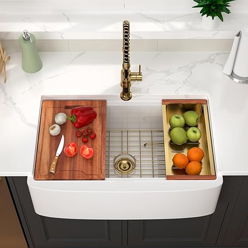 Vista 77 de Fregadero de 33 unidades de arcilla refractaria de 33 x 20 x 10 pulgadas, color blanco, fregadero de cocina de porcelana de cerámica, estilo casa