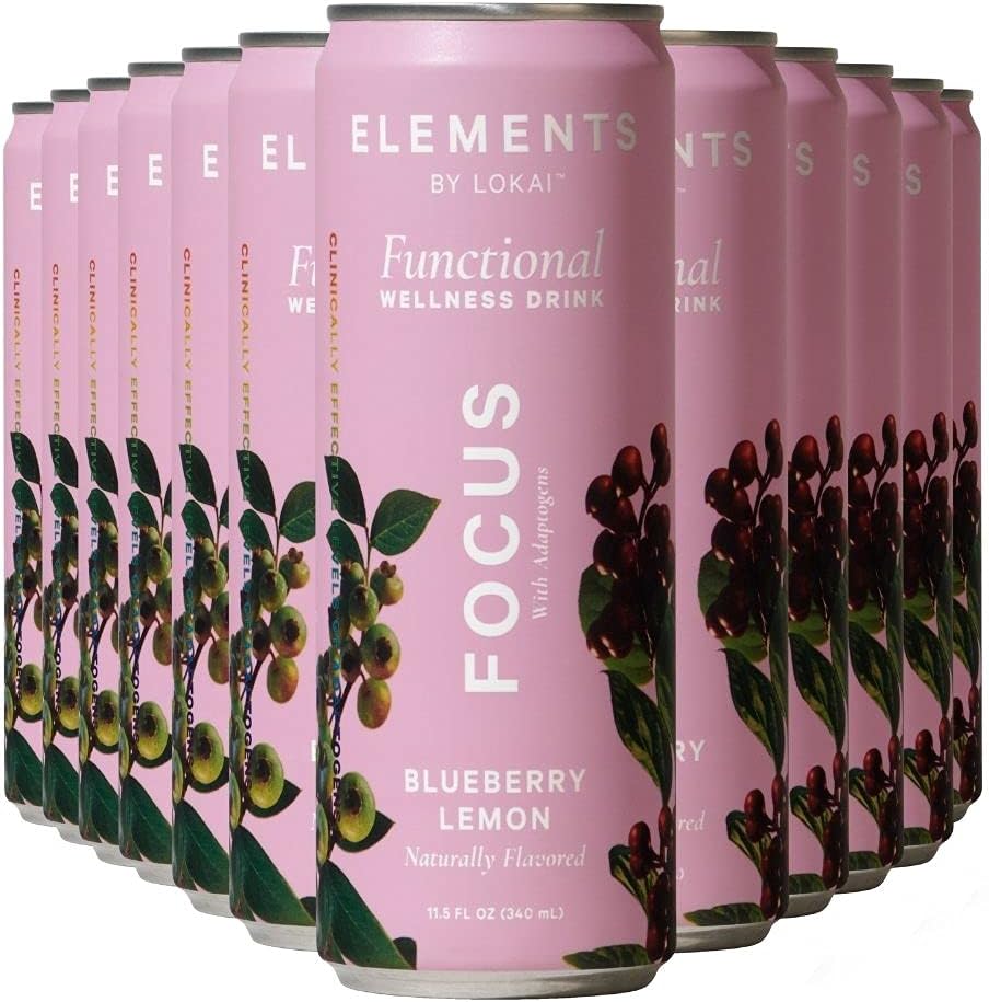 Focus Adaptogen Drink by Elements | Naturally-Flavored Blueberry Lemon with Schisandra | Caffeine-Free, No Added Sugar, Low Calorie, Plant-Based | 11.5 Fl Oz (12 Pack)