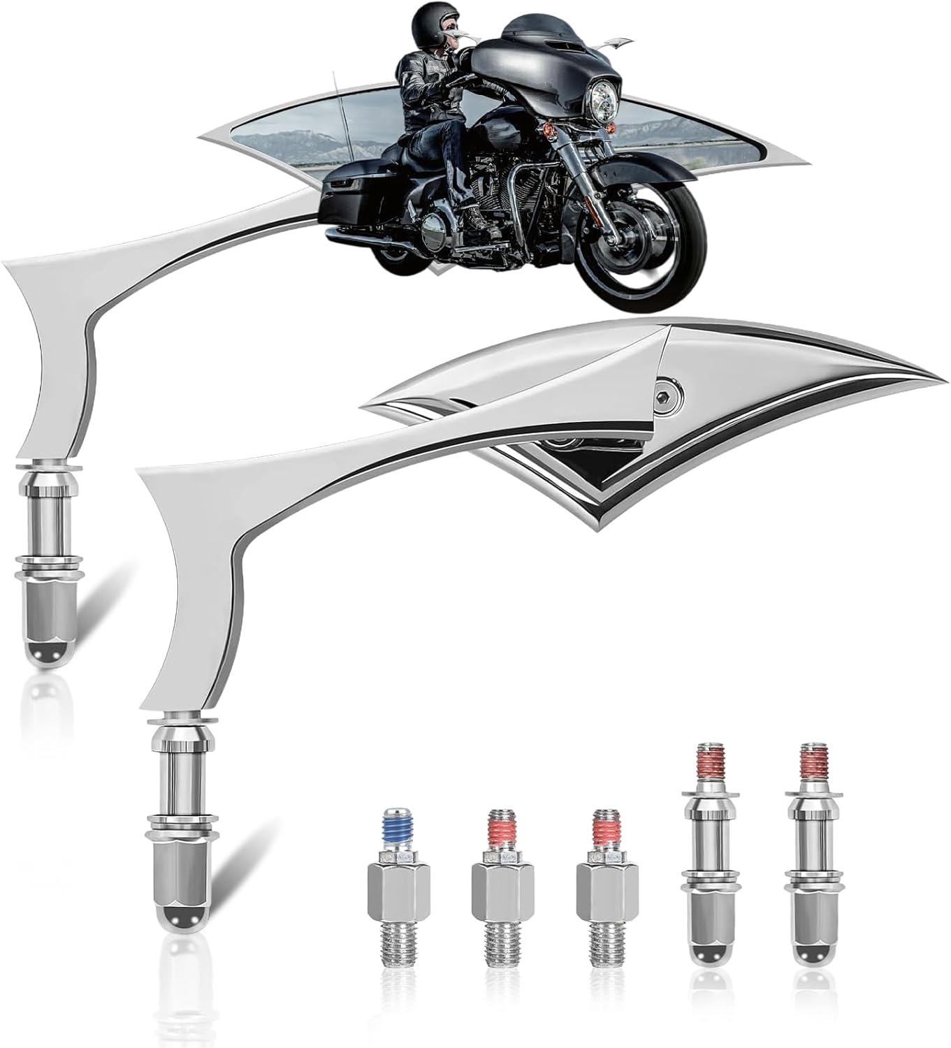 Motorcycle Mirrors, Chrome CNC Handlebar Rear View Mirrors With 10mm Screws Compatible for 1982-2025 Harley Road King Street Electra Glide Dyna Softail Road Glide Honda Kawasaki and More