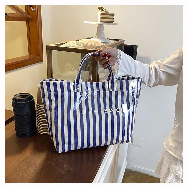 Image of Striped PVC Tote Bag for Women, Waterproof Plastic Hobo Handbag Summer Tote for Beach, Pool & Ideal Gift