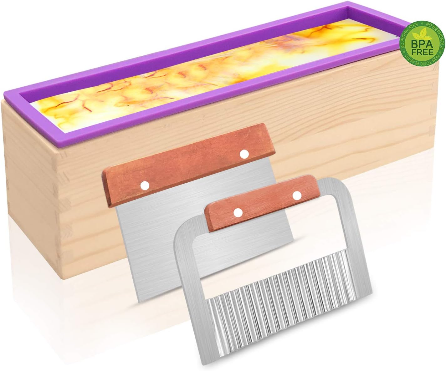 Silicone Soap Mold - Flexible Rectangular Loaf Mold Comes with Wood Box, Stainless Steel Wavy + Straight Scraper for Soaps Making