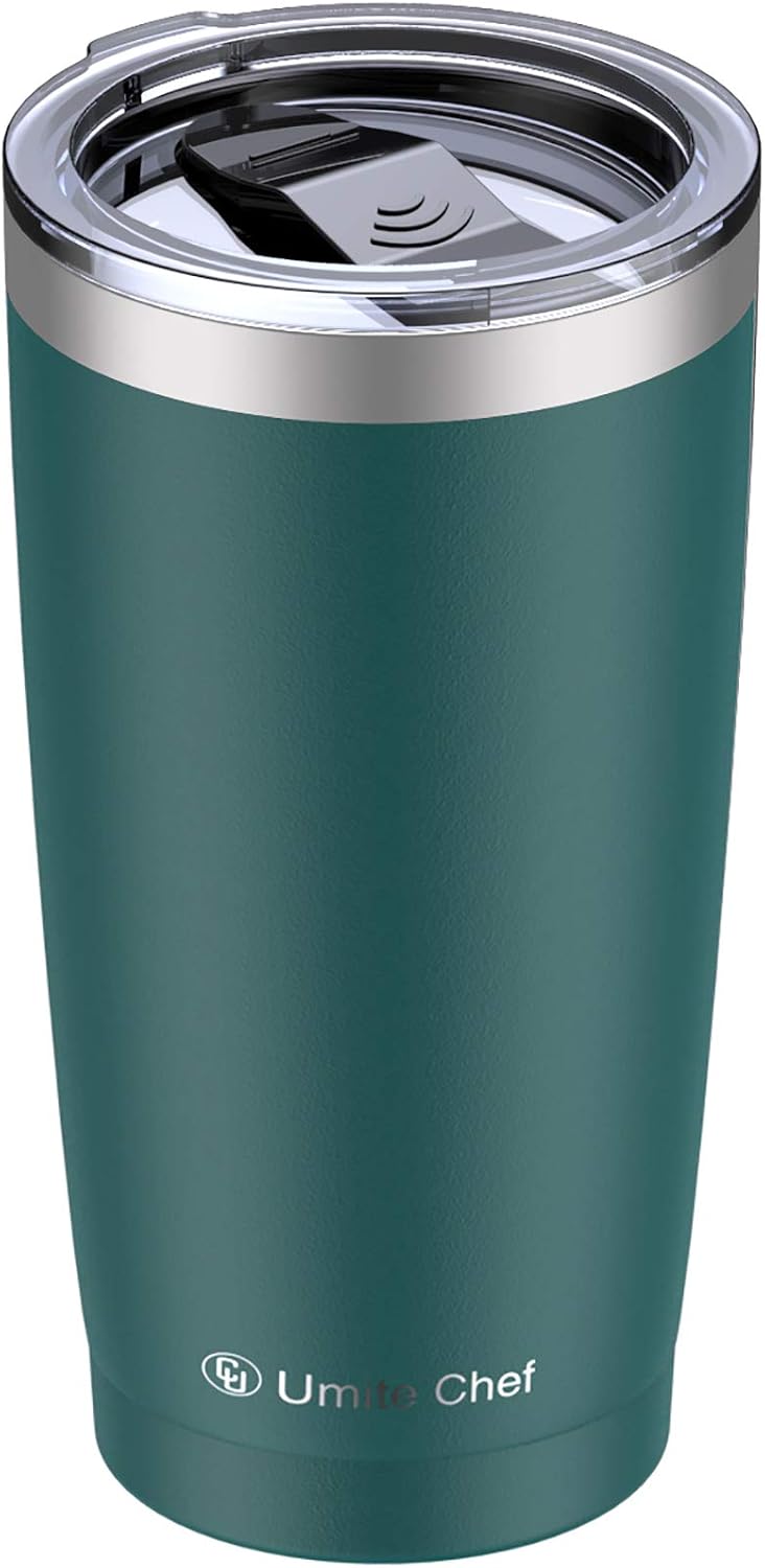 Umite Chef 20oz Tumbler with Lid, Stainless Steel Vacuum Insulated Double Wall Travel Tumbler with Straw, Durable Insulated Coffee Mug, Thermal Cup with Splash Proof Sliding Lid (Dark Green)