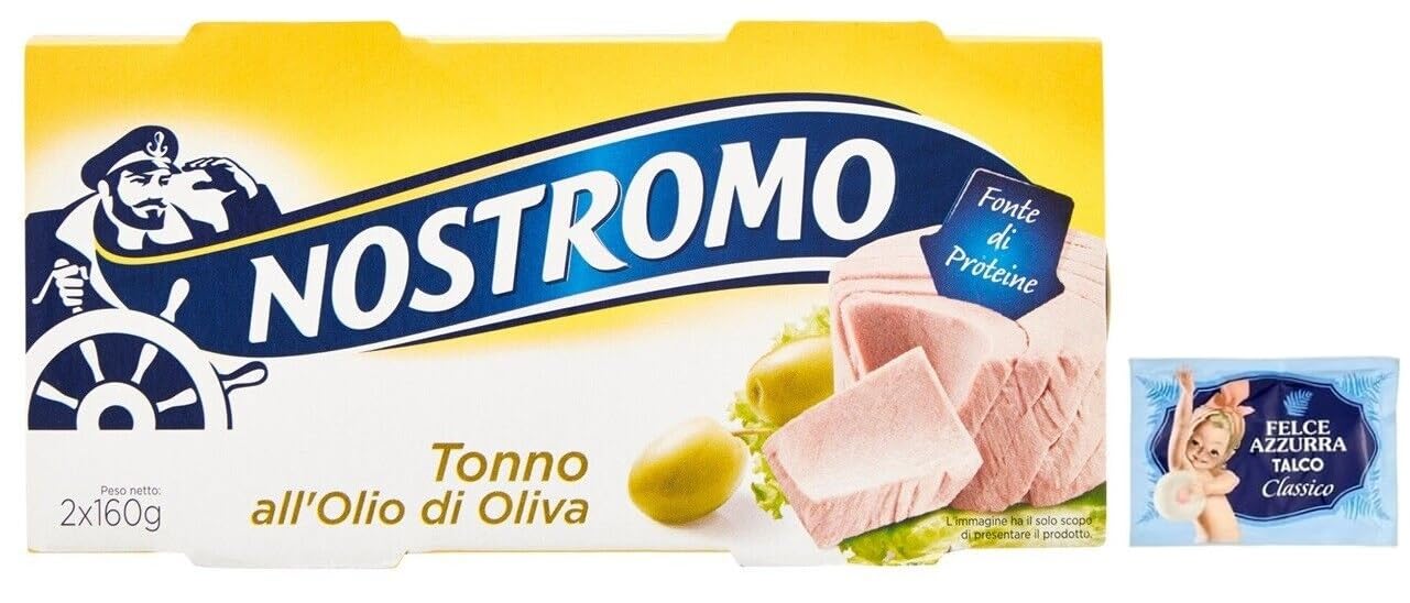 12x Nostromo Tonno all'Olio di Oliva,Pesce in Scatola,Ogni Confezione contiene 2 Lattine da 160g + 1 Confezione di Talco Felce Azzurra in omaggio, Busta da 100g
