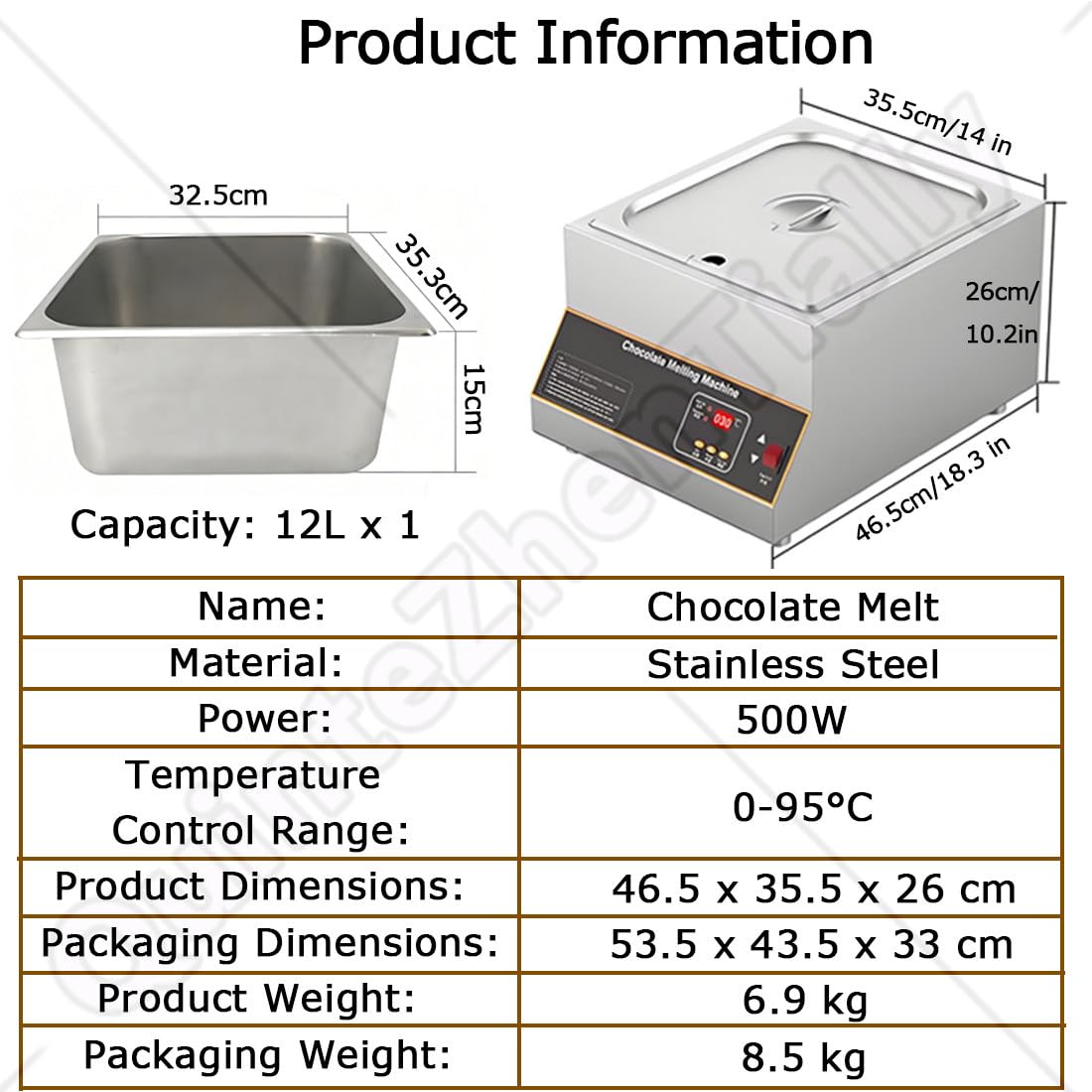 500w Crogiolo Cioccolato,12 L Macchina Elettrica Sciogliere Cioccolato,Temperatrice Professionale Elettrico,per Sciogliere Riscaldare Cioccolata/Latte/Crema/Zuppa Onepot
