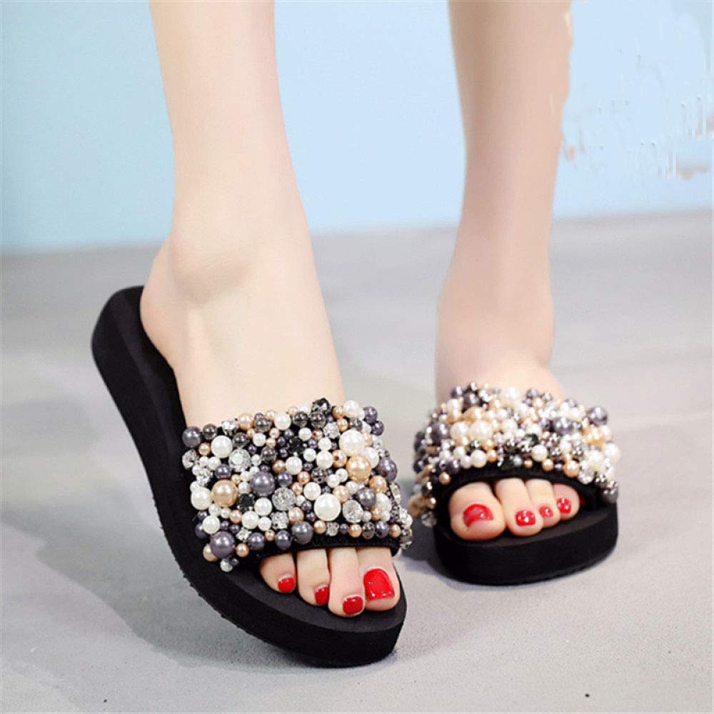 JIA HONG Pearl Beach Slippers Women Seaside Holiday Words Sandals Women's Summer Wear Slopes With Thick Slips,White（38）