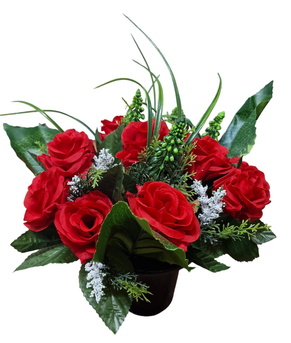 Inerra Red Cemetery Grave Flower Pot - Artificial Flowers In Pot With Roses