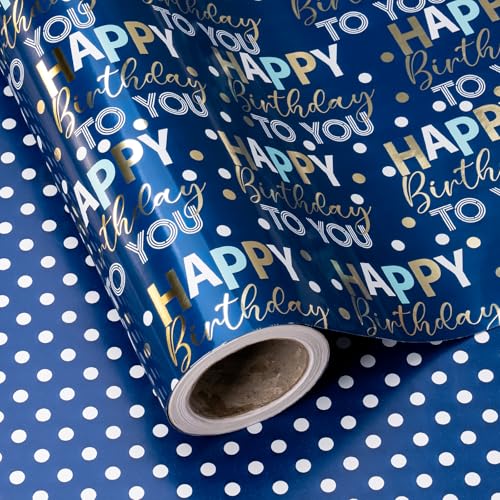 WRAPAHOLIC Reversible Birthday Wrapping Paper - Mini Roll - 17 Inch x 10 Feet - Blue and Gold Foil Happy Birthday Wrapping Paper for Boys Men Kids Baby Shower