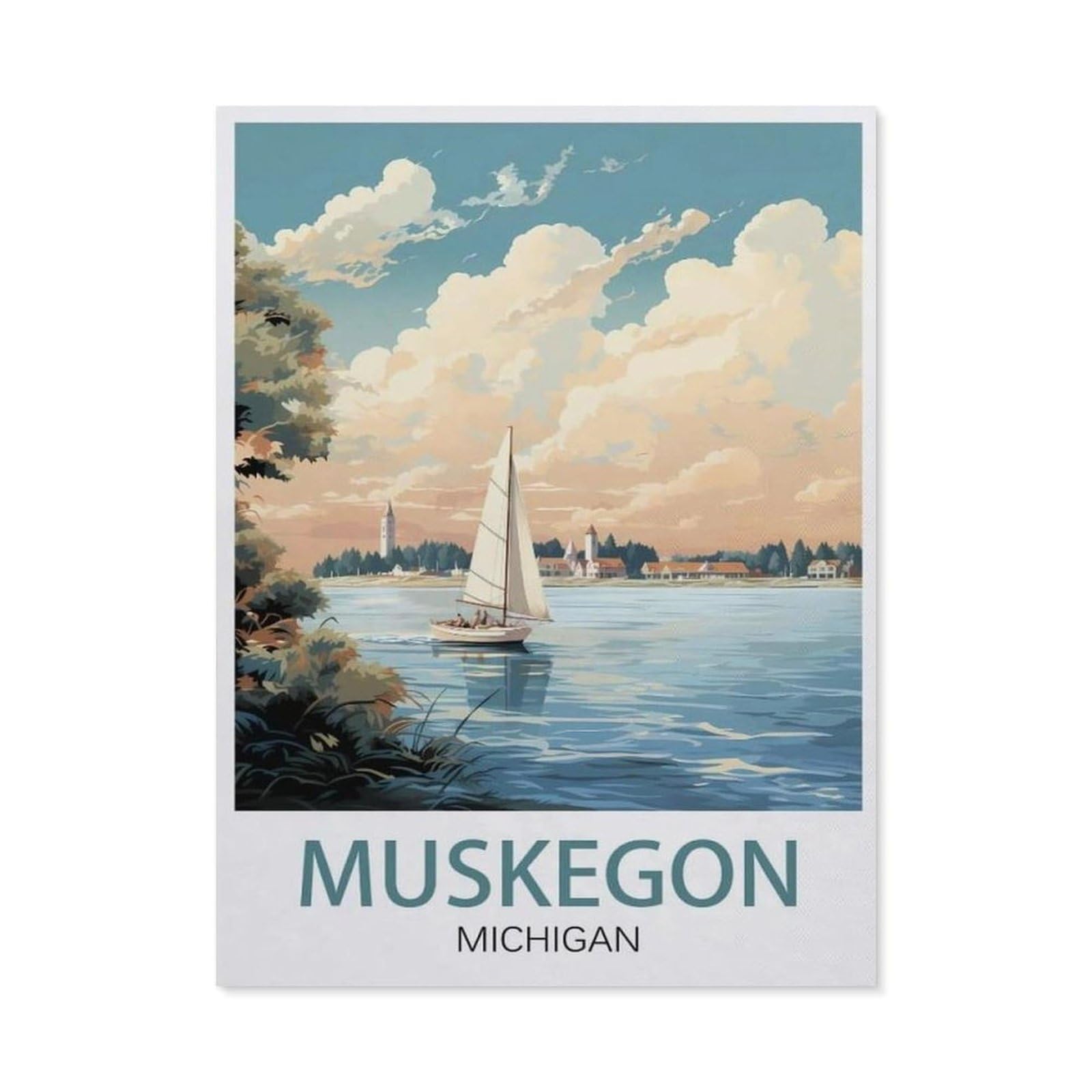 Jigsaw Puzzle 1000 Pieces，Muskegon Michigan Vintage Travel Poster，Large Family Puzzle Game Artwork for Adults Teens（50x70cm）-AU93