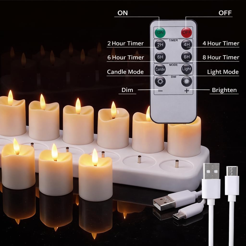 Rechargeable LED Tea Lights, Flickering Flameless Candles with Remote Timer, 12 PCS Electric Battery Operated Prayer Candles for Weddings Decorative (Mirror (White Base))