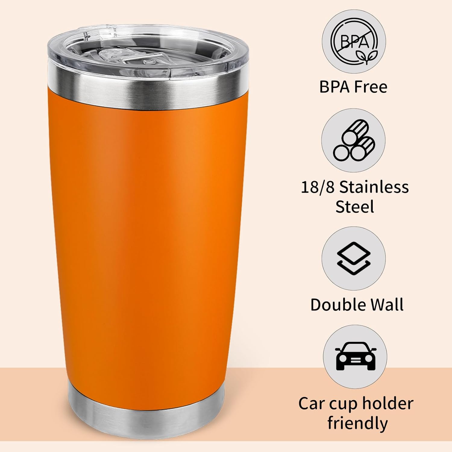 20oz Stainless Steel Tumbler Bulk with Lid, Travel Mug - Double Wall Vacuum Powder Coated Cup - Orange, 12 Pack - Image 3