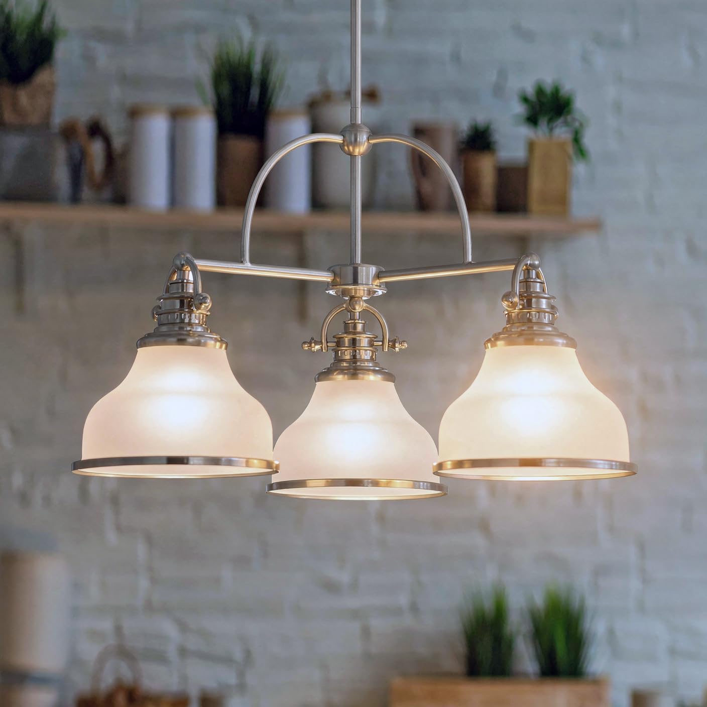 Urban Ambiance Luxury Industrial Chandelier, Medium Size: 15.5" H x 24" W, with Americana Style Elements, Nostalgic Design, Pretty Brushed Nickel Finish and Opal Etched Glass, UQL2330