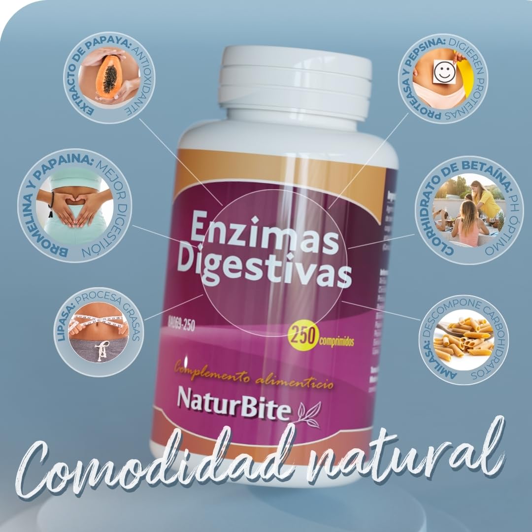 Naturbite Enzimas Digestivas, 250 comprimidos, Naturbite. Mejora del proceso digestivo facilitando la descomposición y absorción de los nutrientes de los alimentos