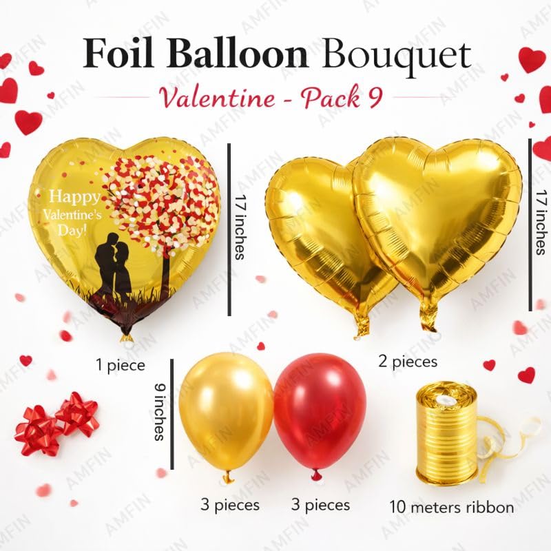 Image of AMFIN (Pack of 9) Happy Valentine's Day Balloon Decoration Set | Romantic Heart Foil Bouquet Metallic Helium Bunch Proposal Anniversary Celebration Party Decor - Red Black