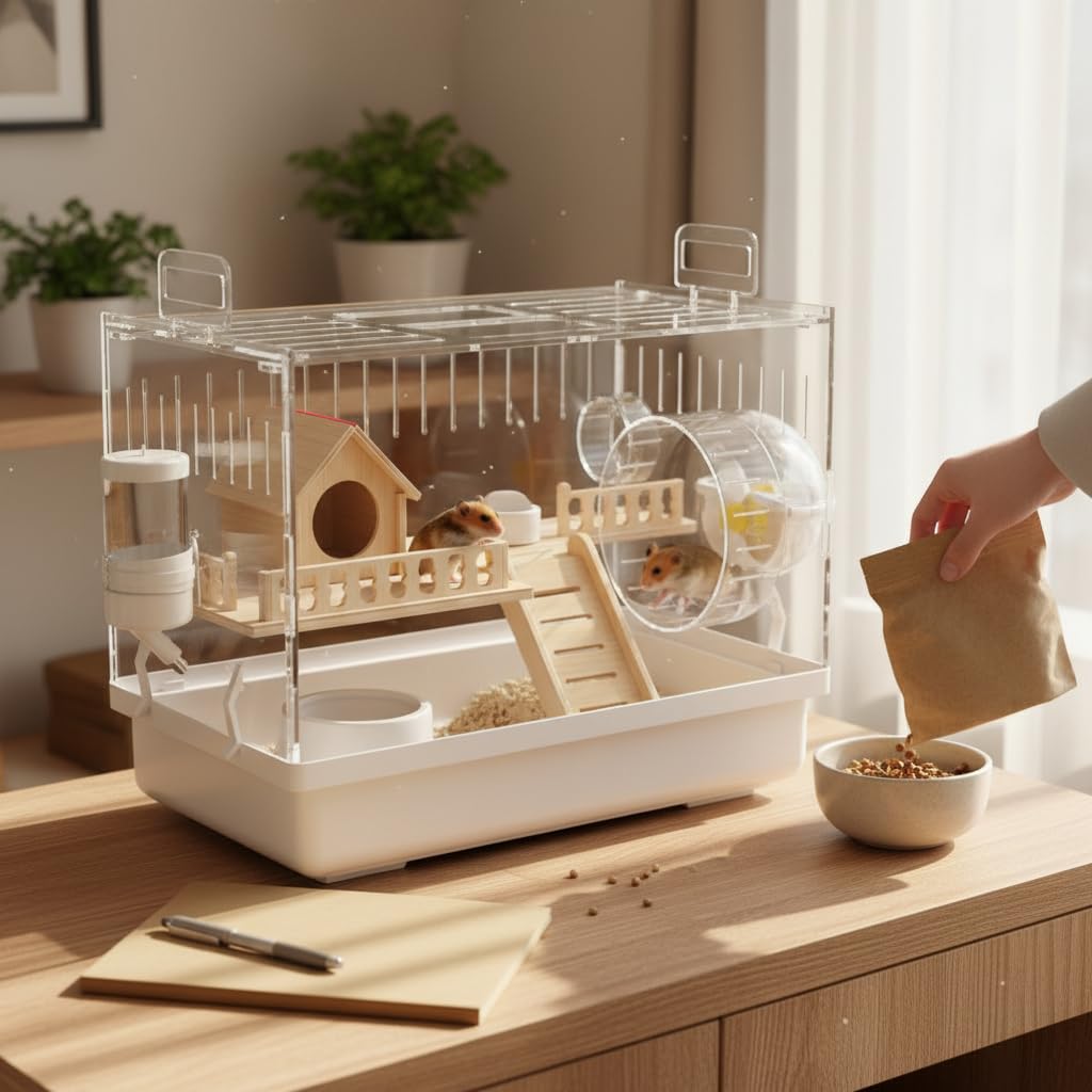 Gabbia per Criceti Trasparente 2 Piani, Struttura in acrilico, Gabbia per roditori, Modello con tubi trasparenti e casetta in legno da 45 cm