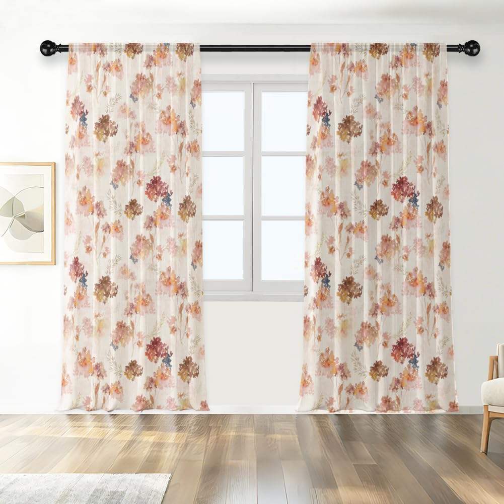 DOODLREAM Watercolor Floral Linen Curtains 84 Inches Long 2 Panels, 52"x 84" Semi-Sheer Drapes for Living Room Bedroom Farmhouse