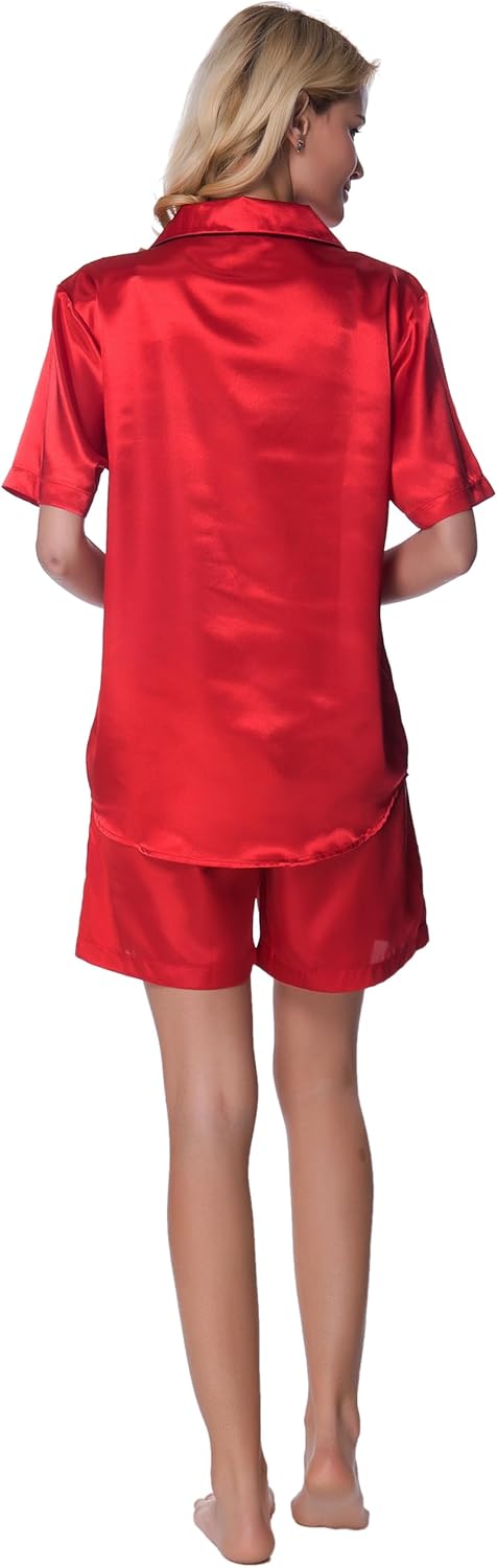 Women's Short Sleeve Classical Silky Satin Pajamas, Short Bottom Sleepwear - Image 3
