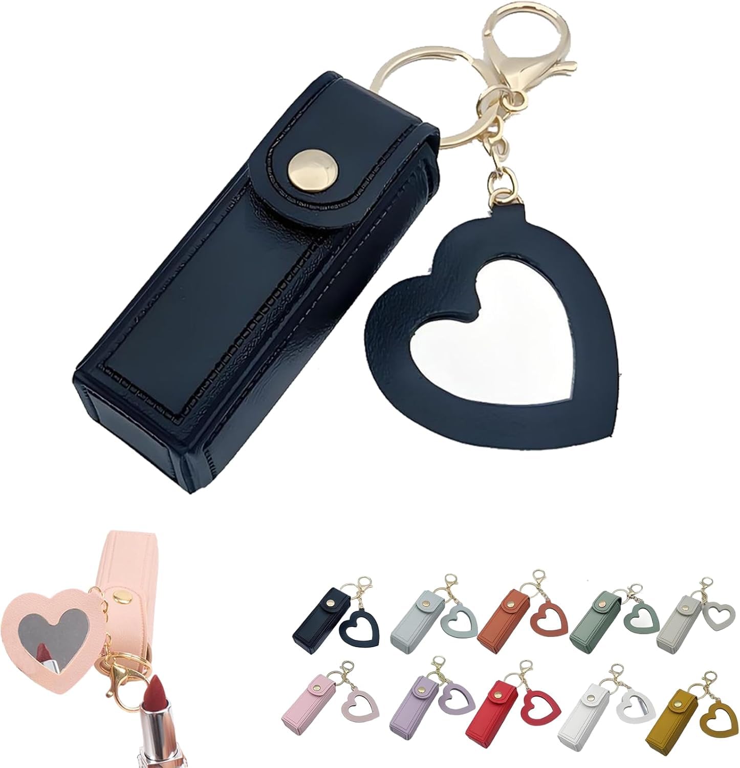 Lipstick Case Keychain with Mirror, Portable Chapstick Holder, Lip Balm Organizer Holder, Mini Lipstick Case with Keychain & Heart Pendant for Women, Girl (1)-image-47