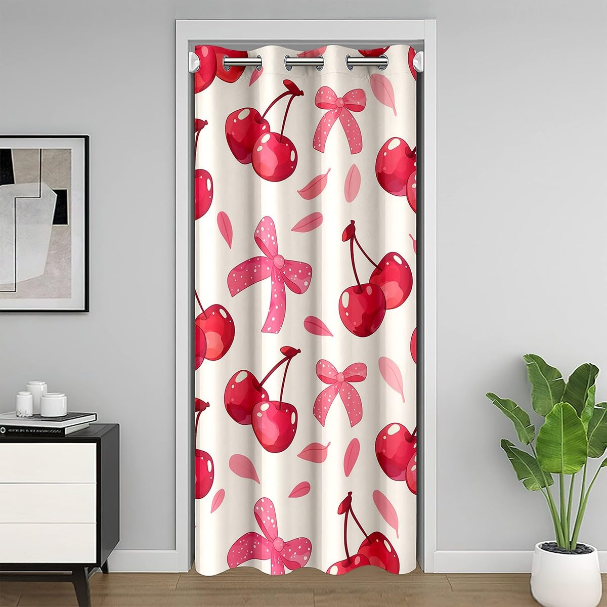 Homemissing Cheery Doorway Curtain Privacy 1 Panel, 86x203cm Bow Ties Comforter Cover Set Cute Door Cover Curtain Washable Kawaii Window Treatments Room Decor Hot Pink