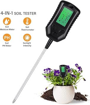 Soil Detector, Multi-functional High Precision Soil PH Tester Soil Moisture/PH/Temperature Sunlight Intensity Tester Garden Planting Soil Detector Soil PH Test Tool Handheld Soil Detection