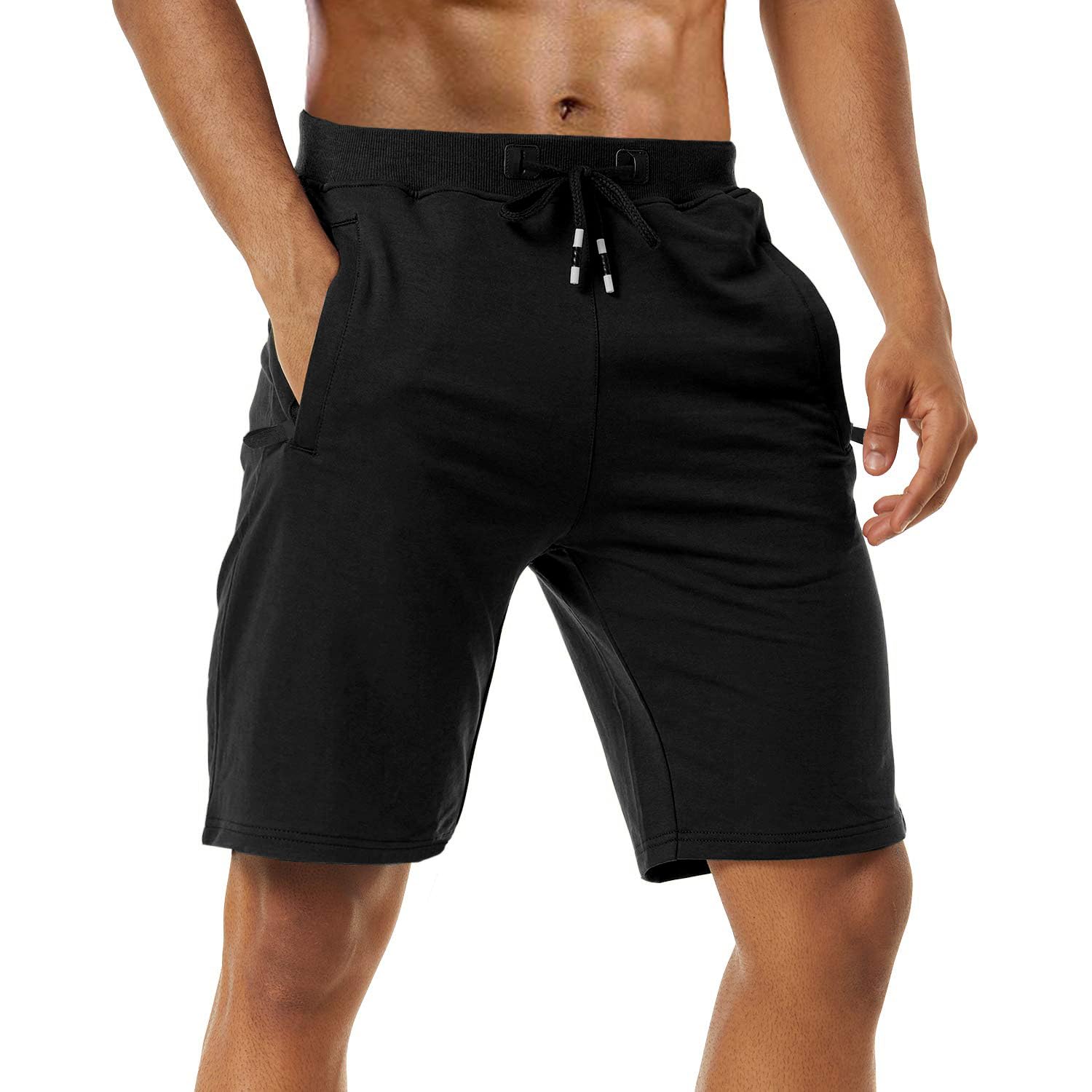 Boyzn Pantalones cortos deportivos para hombre, cómodos, de algodón, cintura elástica, bolsillos con cremallera
