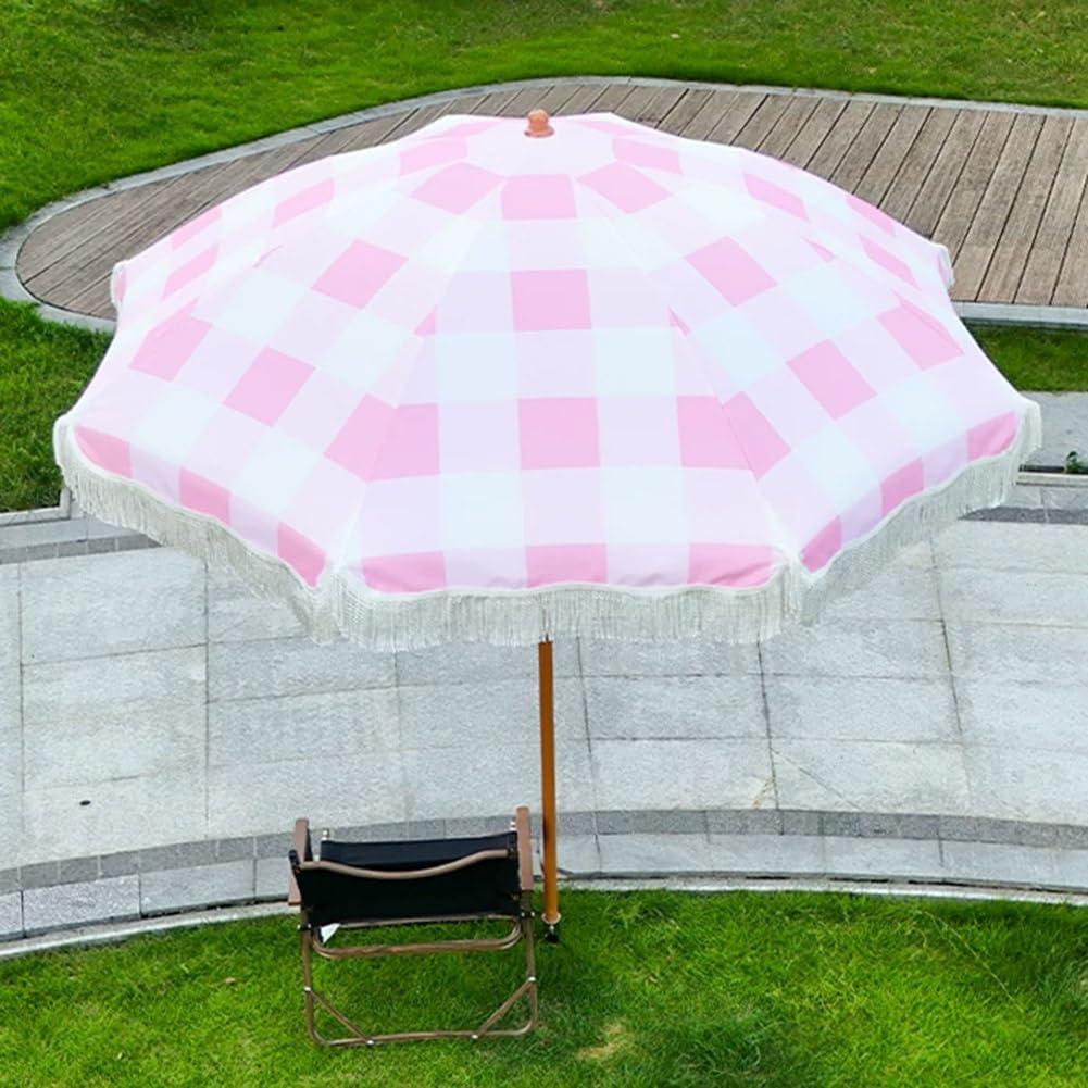 200 cm Parasol Plażowy z Frędzlami, Wodoodporny Ochrona UV Przenośny Odchylany Parasol Ogrodowy z Regulowanym Słupkiem(Pink)