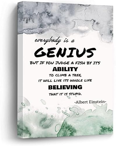 Póster decorativo de pared con cita motivacional, Everybody Is A Genius Painting Casa de campo Decoración de pared para aula, habitación de niños,