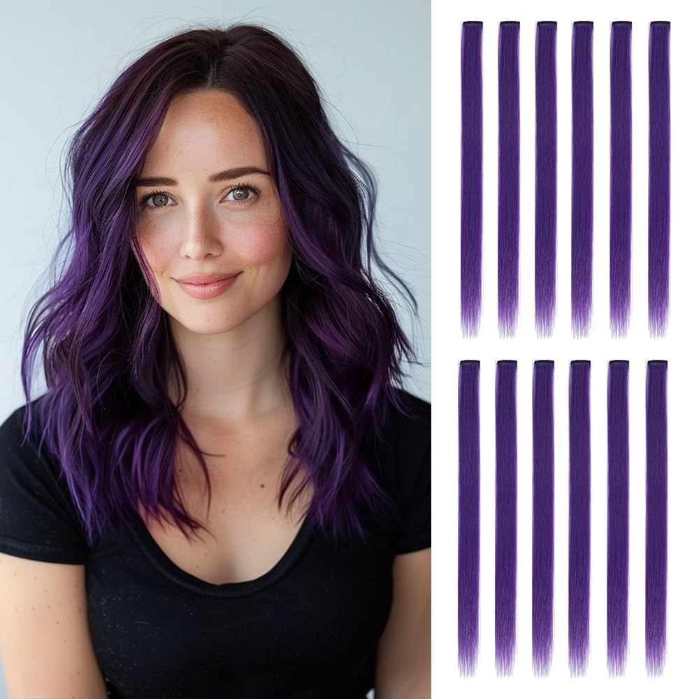 Dark Purple 12Pcs Colored Hair Extensions – 22 Inch Straight Clip In Synthetic Hairpieces Ideal for Women, Kids, and Girls, for Halloween, Christmas and Cosplay