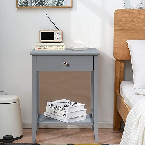Miniatura 9 de COSTWAY Mesita de noche Mesa de almacenamiento Pantalla de almacenamiento Muebles de dormitorio Estante de cajón al lado de gris