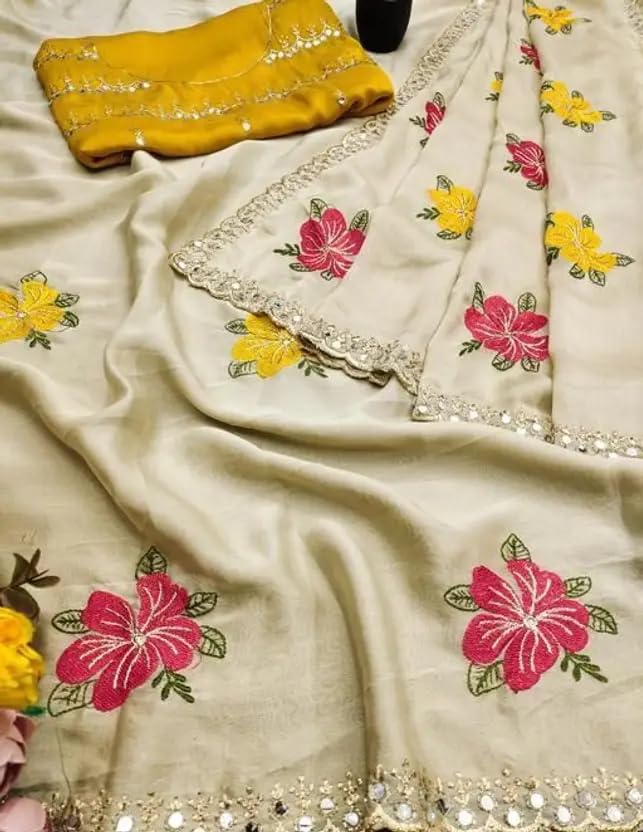Image of Embroidered Floral Saree, Beige with Pink and Yellow Flowers, Sequin Border, Traditional Indian Wear