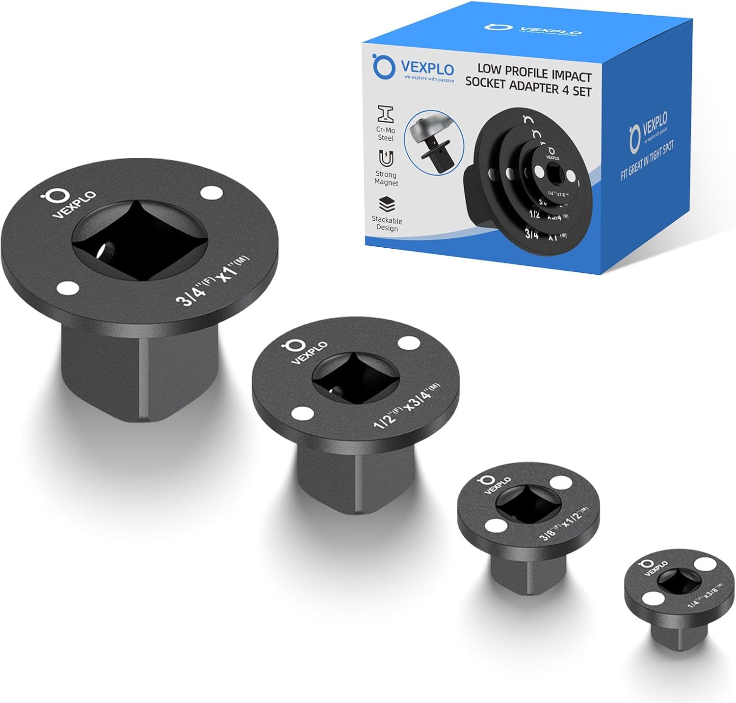 VEXPLO Low Profile Impact Socket Adapter Set for Tight Spaces, Magnetic Design Drive Ratchet Adapter Set 3/8" to 1/2", 1/4" to 3/8", 1/2" to 3/4", 3/4" to 1", 4PCS