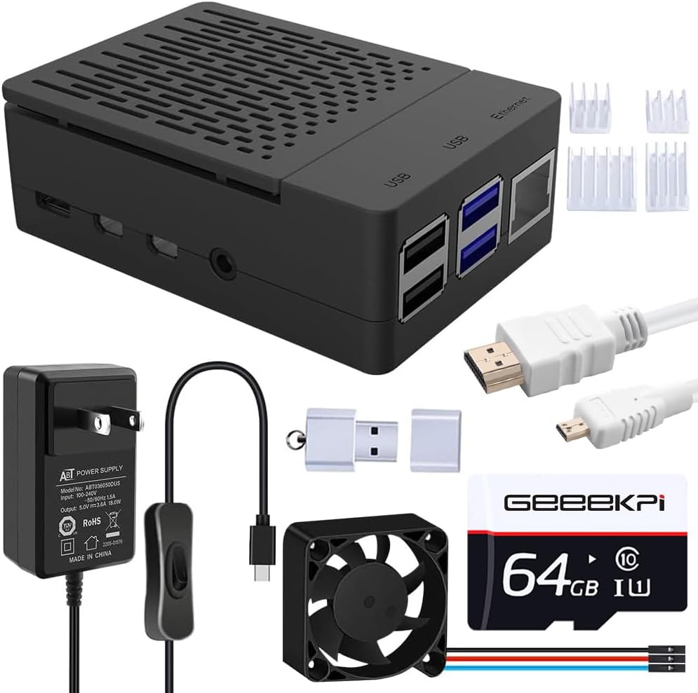 GeeekPi Raspberry Pi 4 Case with PWM Fan, 18W 5V 3.6A Raspberry Pi 4 Power Supply, Heatsinks, 32GB Preloaded (Raspberry Pi OS) Card, Card Reader, Micro HDMI Cable, for Raspberry Pi 4 8GB/4GB/2GB/1GB
