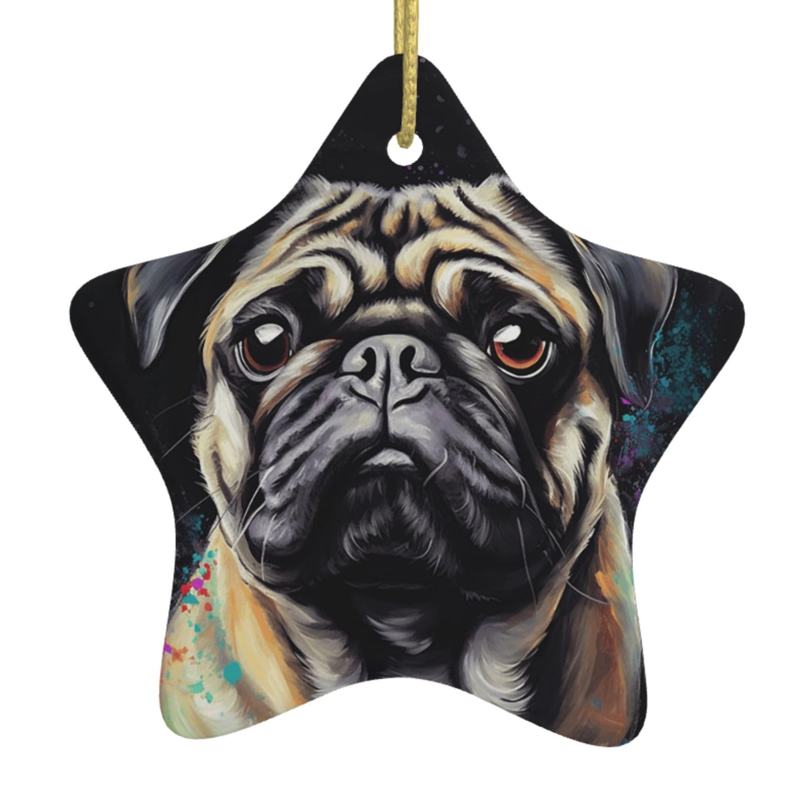 Ceramic Christmas Tree Hanging Ornaments with Gold Ropes Christmas Tree Decorations Star Ceramic Portrait of Pug Pendant Keepsake Decorations for Holiday Xmas Gift Ideas