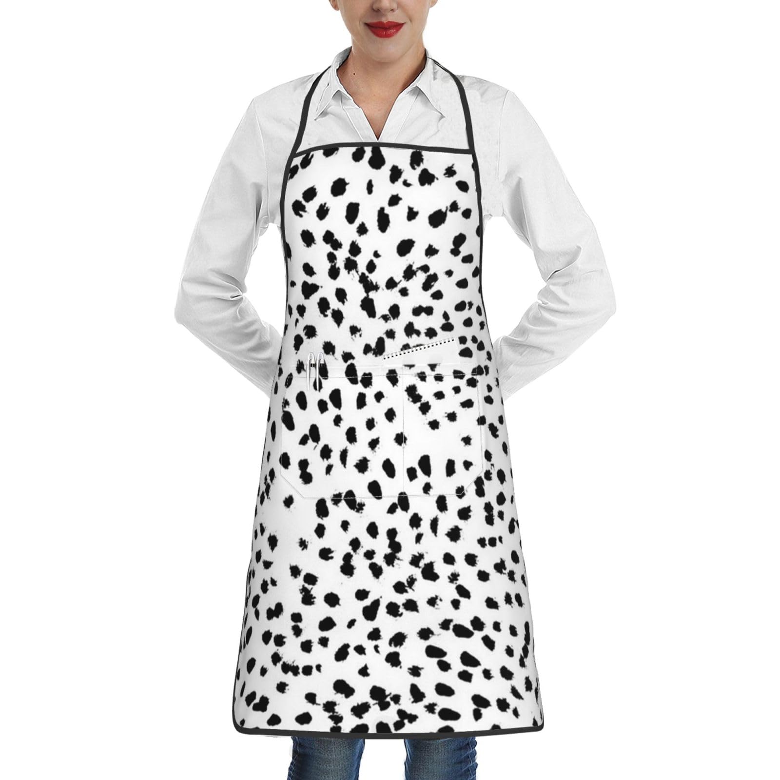 Poadnly Unisex As Picture Dalmatian Print, Kitchen Aprons With Pockets,Adjustable Waterproof Chef Cooking Bib Apron