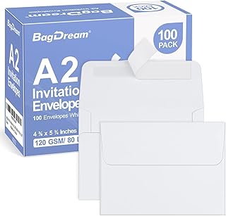 100 Pack White A2 Paper Envelopes Peel & Seal Invitation Envelopes for Weddings, RSVP, Photos, Greeting Cards, Baby Shower, Announcements, Thank You Notes 4.375 x 5.75 Inches