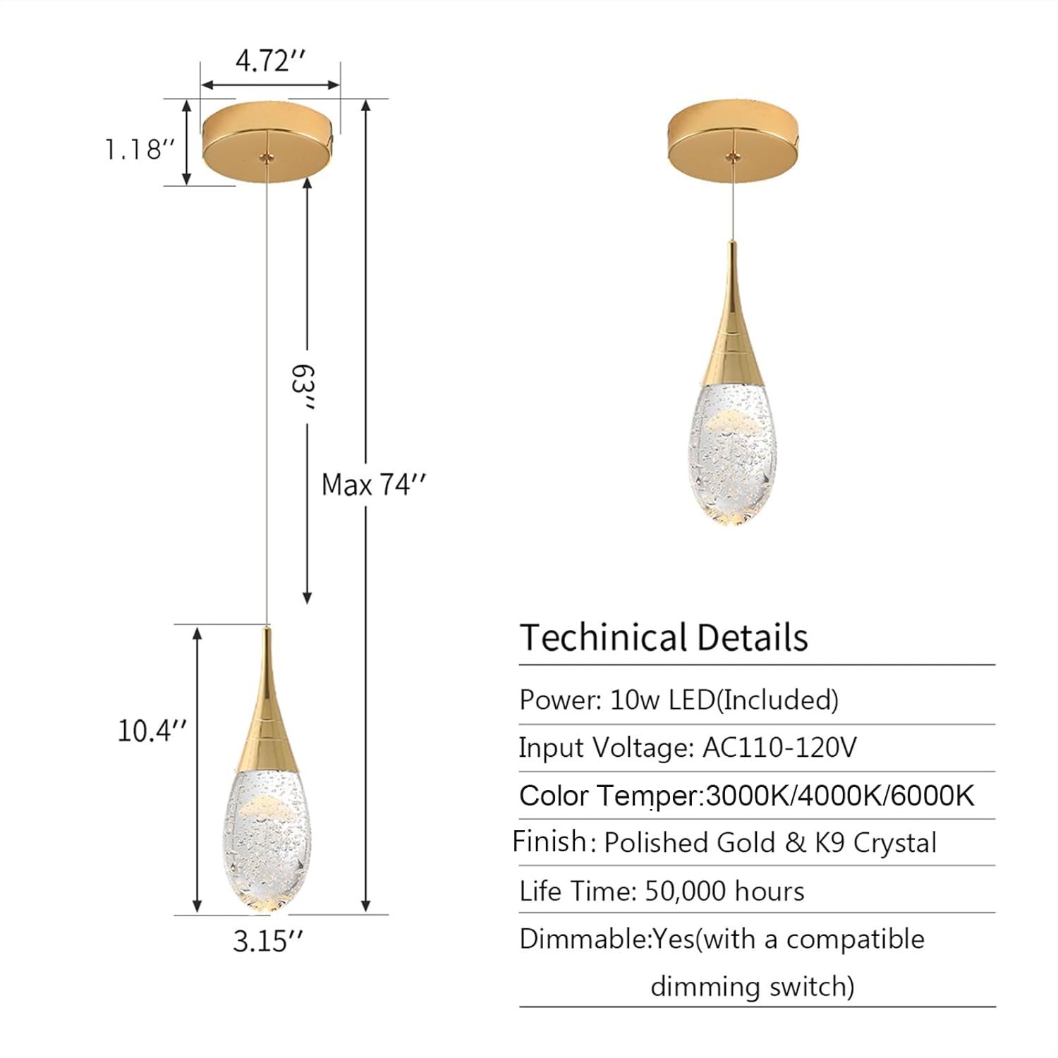 JoollySun Mini Crystal Pendant Light: Modern Dimmable 3-Color(3000k-6000k) LED Pendant for Kitchen Island Bathroom - Polished Gold