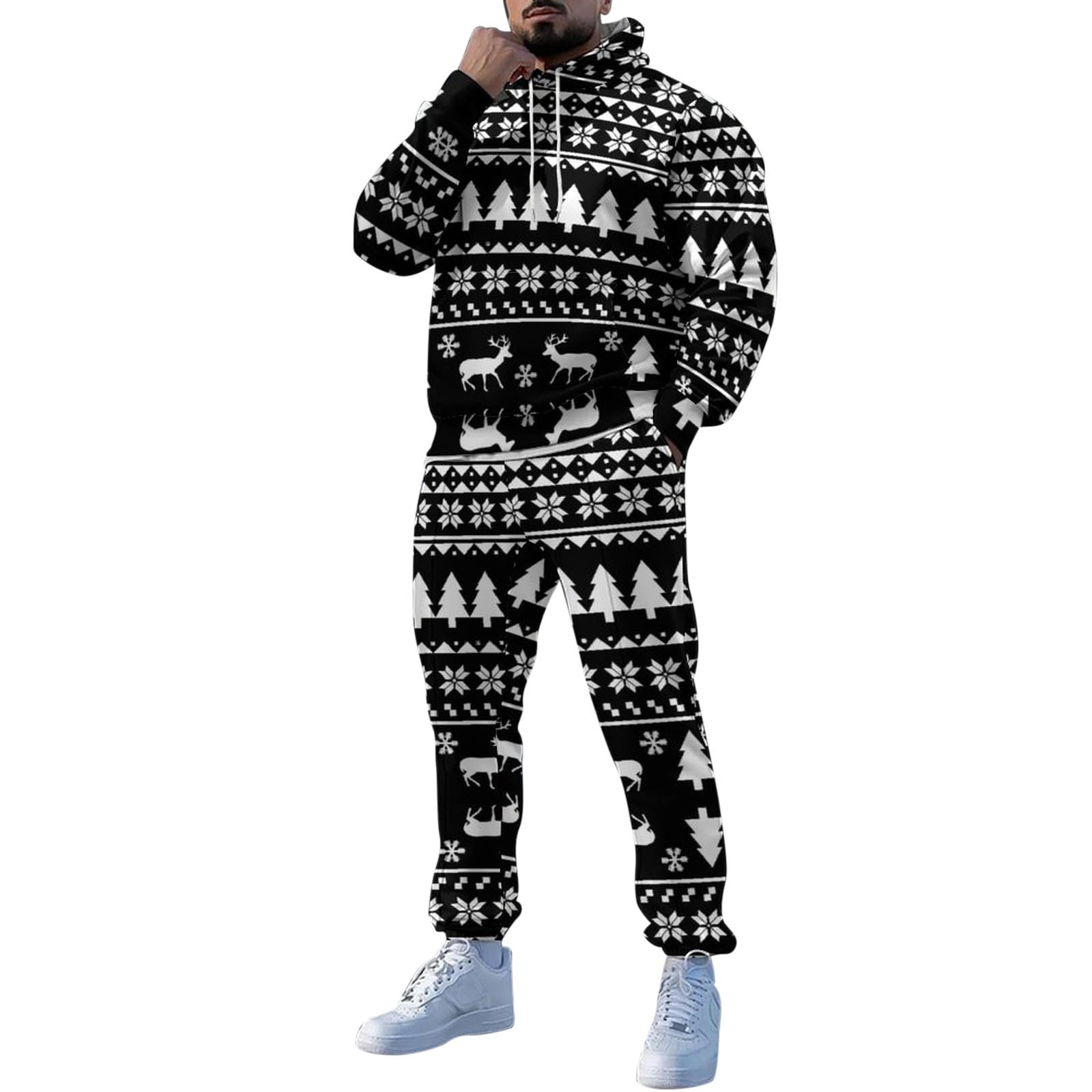 Générique Set di abbigliamento sportivo da uomo 2 pezzi Pantaloni della tuta con cappuccio stampati natalizi casual da uomo