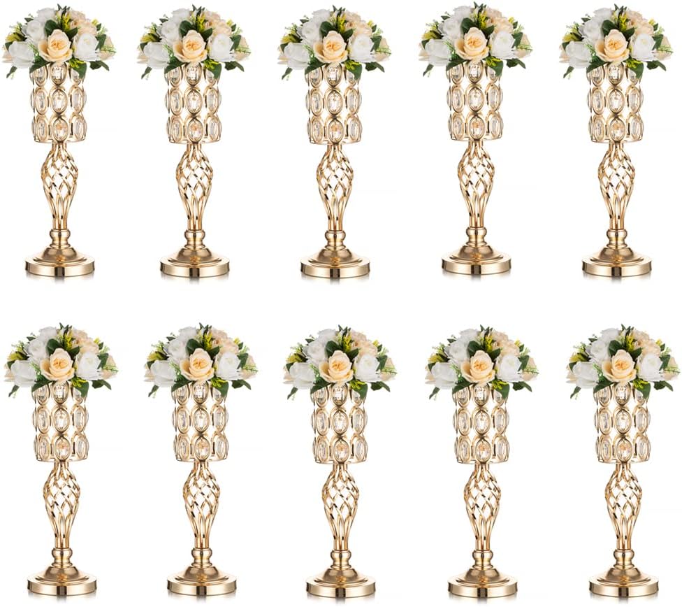 Inweder Gold Vases for Centerpieces - Metal Flower Stand with Crystal Beads, Tall Vases for Centerpieces, Bulk Centerpieces for Wedding Table, Birthday, Event, Living Room, Set of 10 Gold 10 Pcs - 20" High